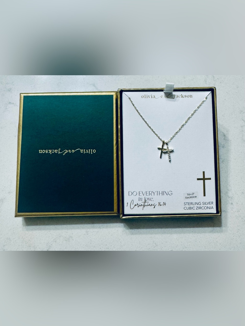 Olivia & Jackson Sterling Silver CZ Cross Necklace NIB 16+2”